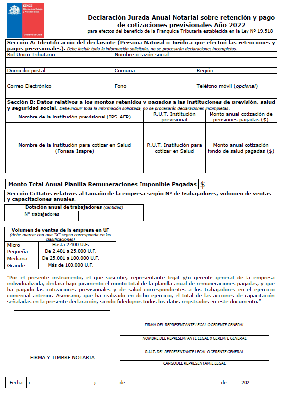 la declaración jurada anual notarial sobre retención y pago de cotizaciones previsionales