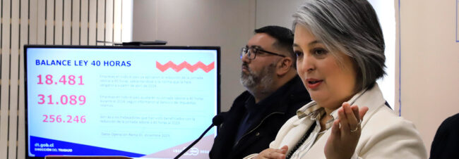 post-entrada Una mujer habla gesticulando; una pantalla muestra datos con el título "BALANCE LEY 40 HORAS" y los números 18.481, 31.089 y 256.346; un hombre escucha en segundo plano.