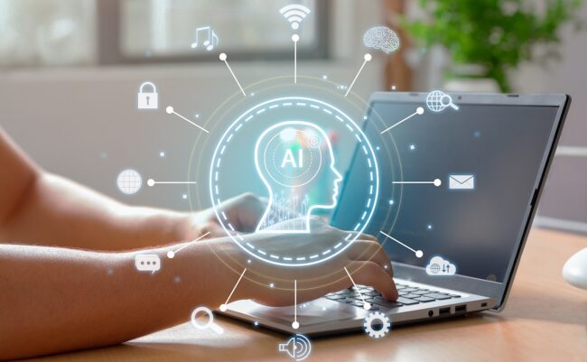 Using the intelligence of a laptop to interact with an artificial intelligence. Innovative automation technology. Un notebook plateado se usa para escribir; sobre él, un holograma de inteligencia artificial está conectado a iconos que representan la conectividad y los datos. El contexto es un escritorio de oficina.