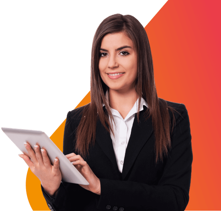 mujer empresa con tablet y triangulo color fondo