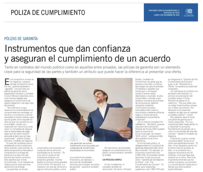 Un documento describe las pólizas de garantía como instrumentos que generan confianza y aseguran el cumplimiento de acuerdos, tanto públicos como privados; incluye una imagen de dos hombres estrechándose la mano.