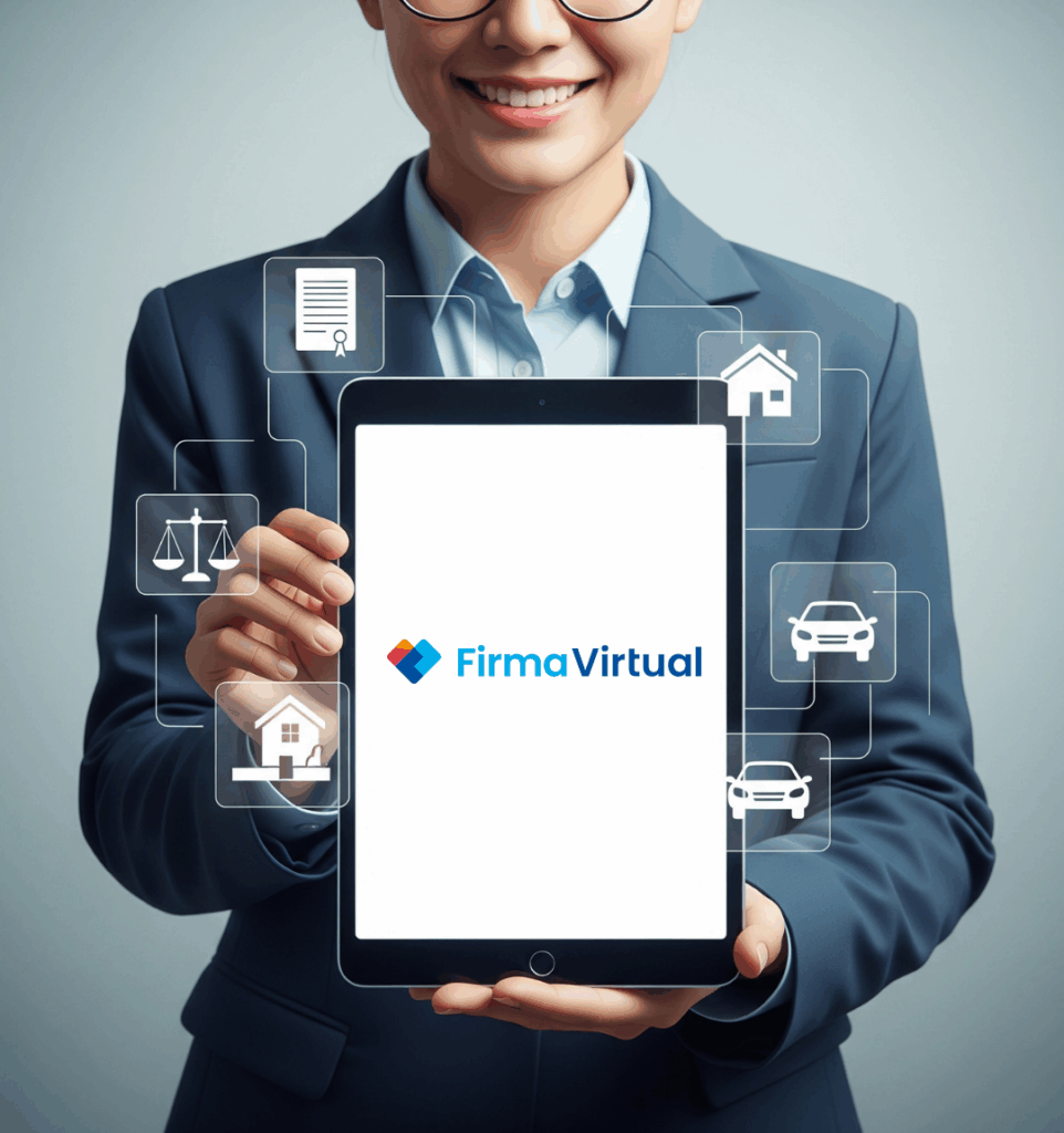 Servicios de firma FirmaVirtual: Mujer sujetando una tablet con el logo de FirmaVirtual. Alrededor símbolos de servicios de la empresa.