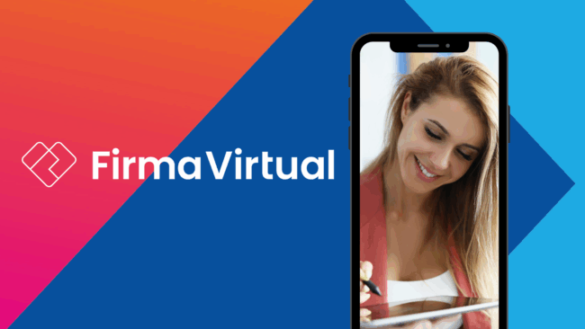 Servicios de firma FirmaVirtual principal Servicios de firma FirmaVirtual: logo de FirmaVirtual. Un celular con una mujer sonriendo y firmando feliz en una tablet