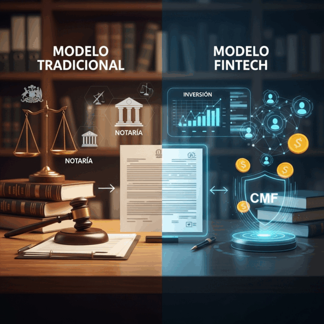 créditos mutuos entre privados: Infografía comparativa que muestra los dos modelos de gestión de un crédito mutuo en Chile. A la izquierda, bajo el título 'Modelo Tradicional', se ve un escritorio de madera con libros de leyes, una balanza de la justicia y un mazo, simbolizando la asesoría legal y la formalidad de una notaría. A la derecha, bajo el título 'Modelo Fintech', se muestra una interfaz digital con gráficos de inversión, una red de contactos y un escudo protector de la CMF, representando la tecnología y la seguridad del nuevo sistema. En el centro, un documento que es mitad papel y mitad digital ilustra la transición y coexistencia de ambos mundos.
