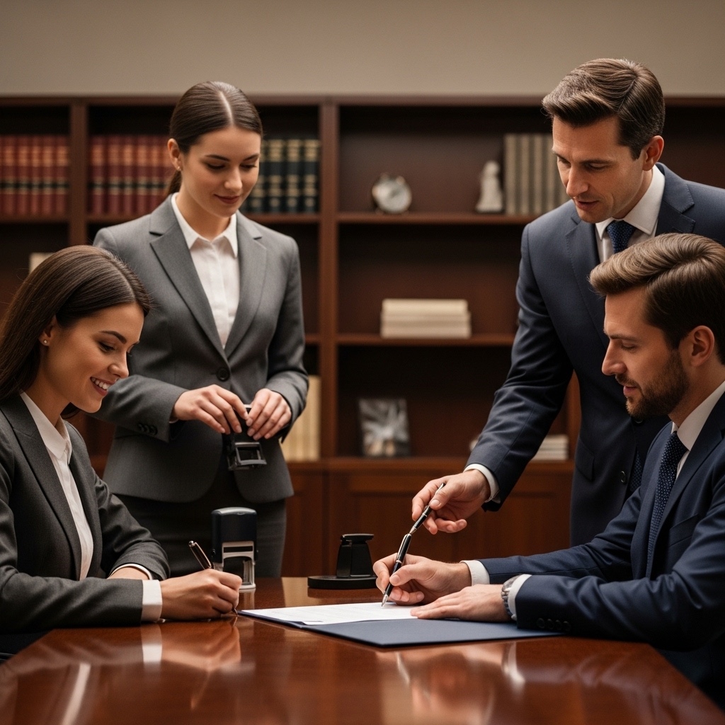 El Modelo Tradicional: Asesoría Personalizada
Ilustra la gestión a través de profesionales, destacando el rol del abogado y el notario en la formalización de un acuerdo cara a cara.