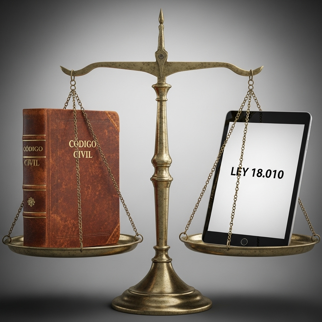 Los Créditos Mutuos entre Privados - La Base Legal: Código Civil vs. Ley 18.010
Una balanza que simboliza el equilibrio y la interacción entre el marco histórico del Código Civil y la regulación financiera moderna de la Ley 18.010.