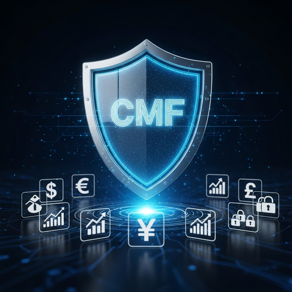 La Nueva Regulación: Ley Fintech y la CMF
Un escudo con las siglas "CMF" protege diversas transacciones digitales, simbolizando la seguridad y supervisión que la nueva Ley Fintech aporta al ecosistema.