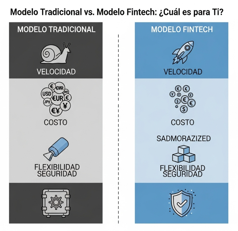 Modelo Tradicional vs. Modelo Fintech - ¿Cuál es para Ti?

Esta infografía compara directamente las características, ventajas y desventajas de cada modelo de gestión de crédito, ayudando al lector a identificar cuál se adapta mejor a sus necesidades.